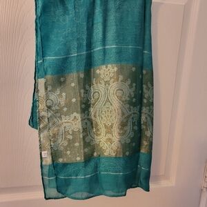 Turquoise and Silver Silk Scarf Metallic Shimmer Floral & Paisley Print Shawl